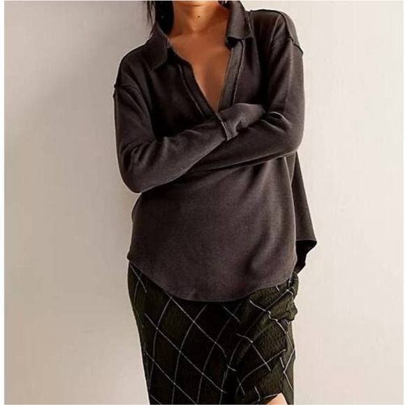 We The Free People Anakin Thermal Top Small Faded Black Slouchy Boho Grunge - Picture 8 of 9